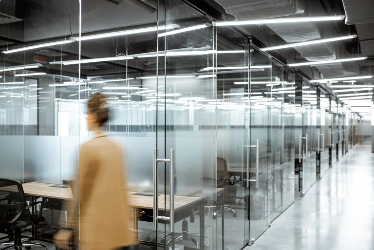 VistaCreate 318848284 stock photo office intreior with blurred woman in the hallway 768x513